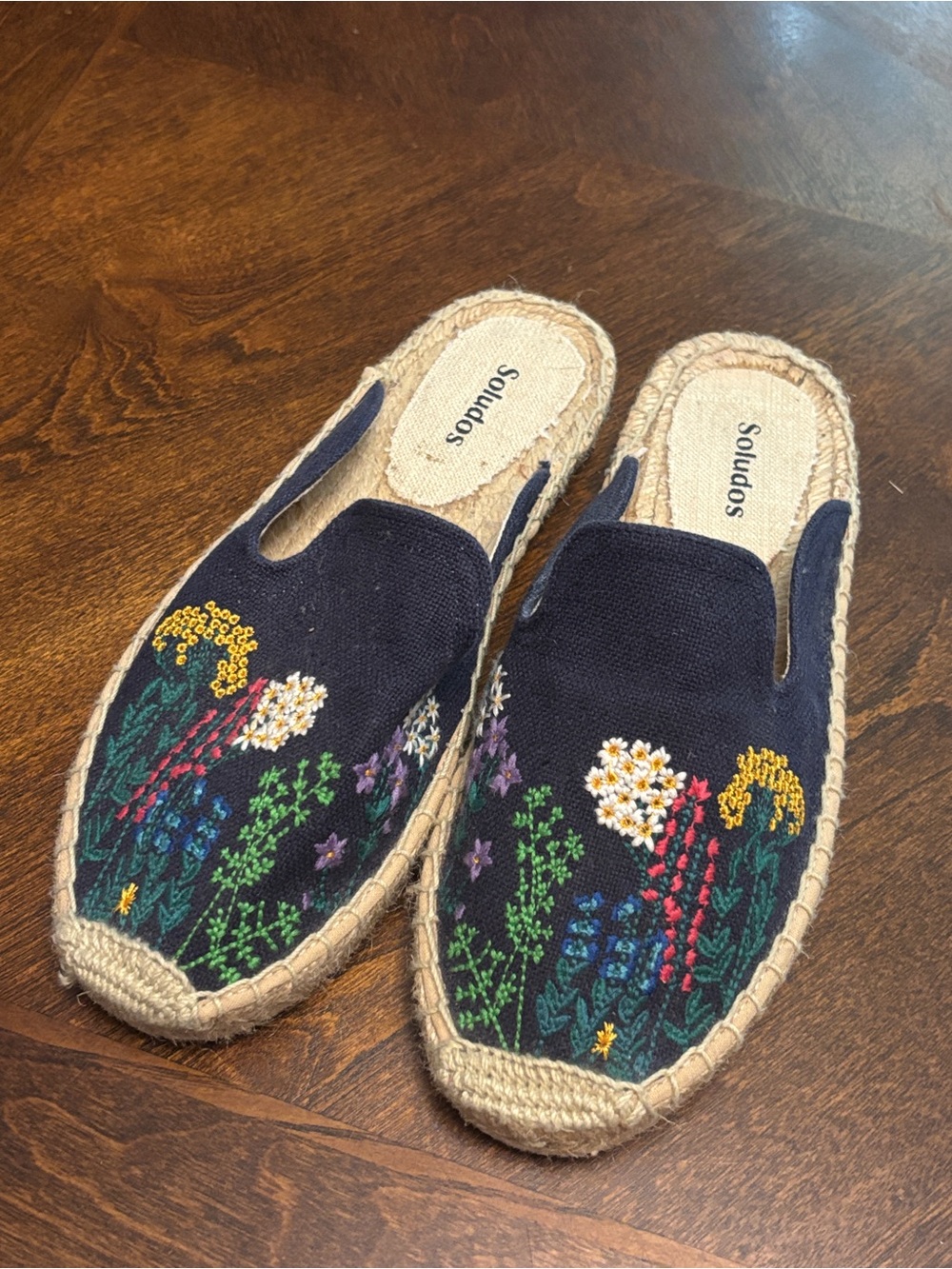 Soludos Navy Floral Embroidered Espadrille Mules